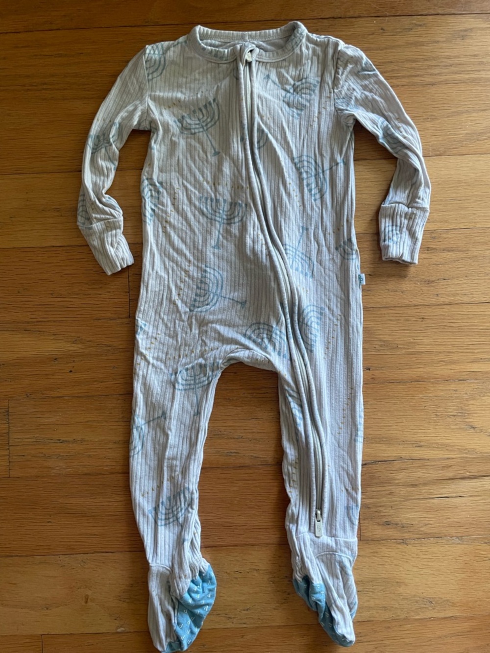 Posh Peanut Hanukkah Light Blue & White Long-Sleeve Zip Footed One-Piece